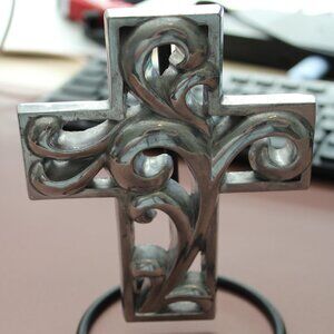 Silver Scrolled Metal Cross with Stand